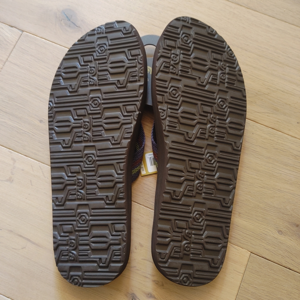 Teva Brown Flip Flops with Blue-Green-Purple Striped Straps - Picture 2 of 3